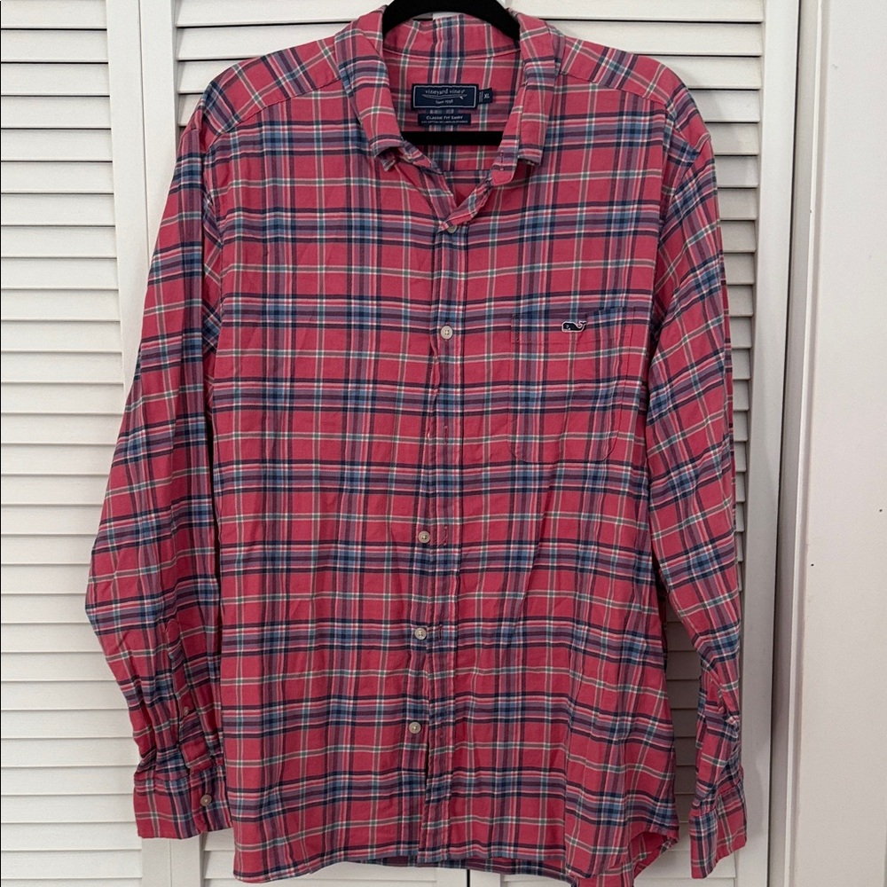 Vineyard Vines Men's Pink and Blue Plaid flannel Shirt